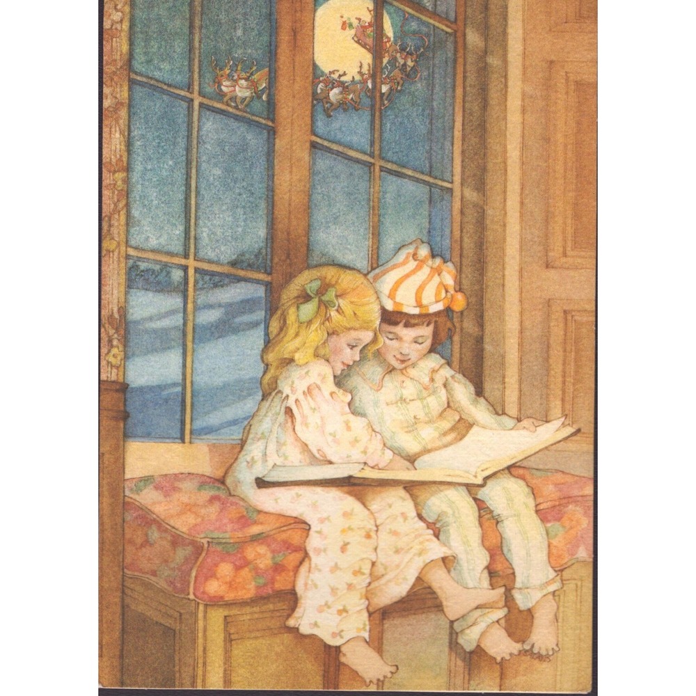 Vintage Hallmark Christmas Card Children Reading Santa Sleigh Moon USA